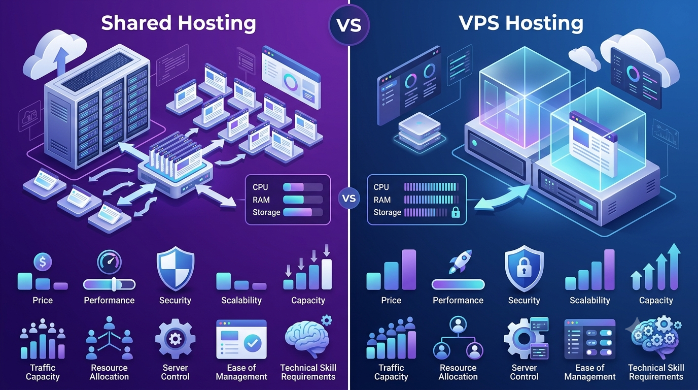 Comparing shared hosting and VPS hosting server setups