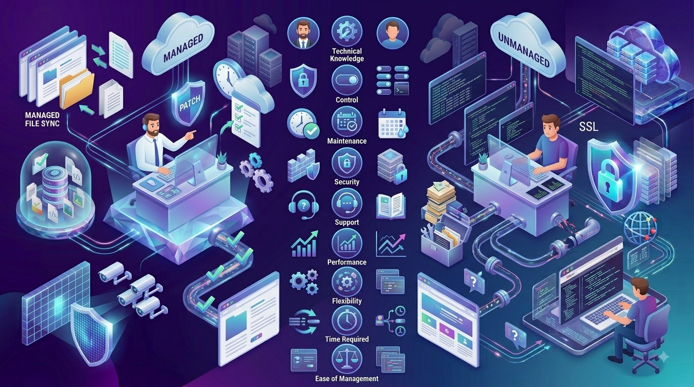 Comparing managed and unmanaged hosting server setups