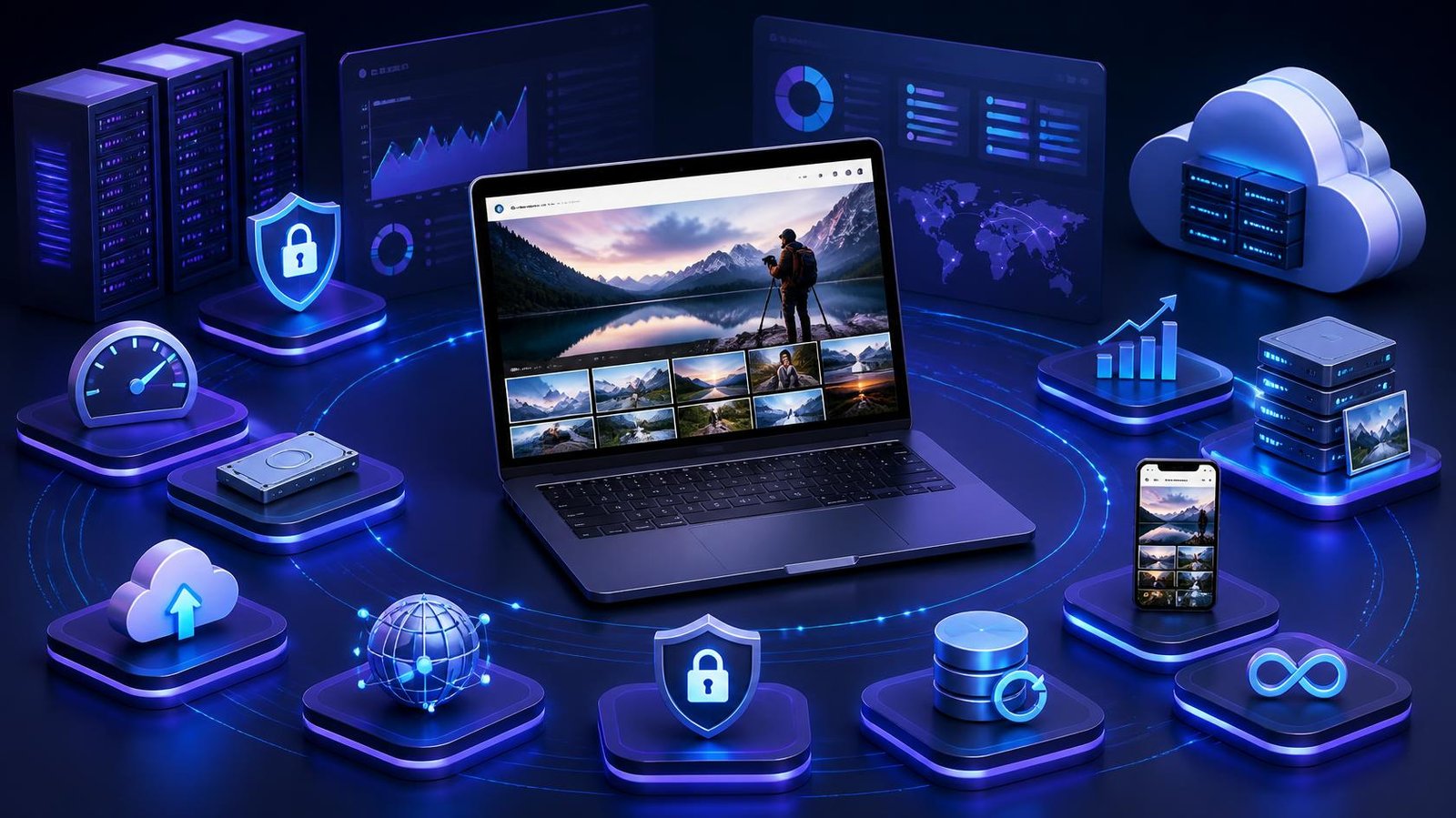 Photographer reviewing portfolio website on laptop