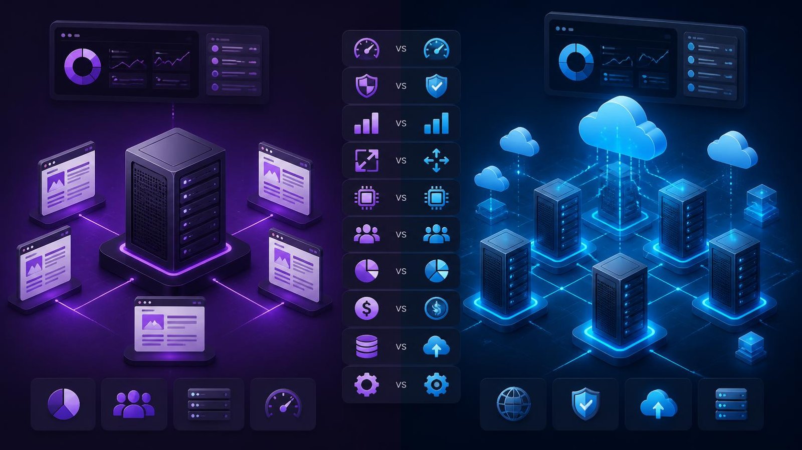Comparing shared hosting and cloud hosting infrastructure diagrams